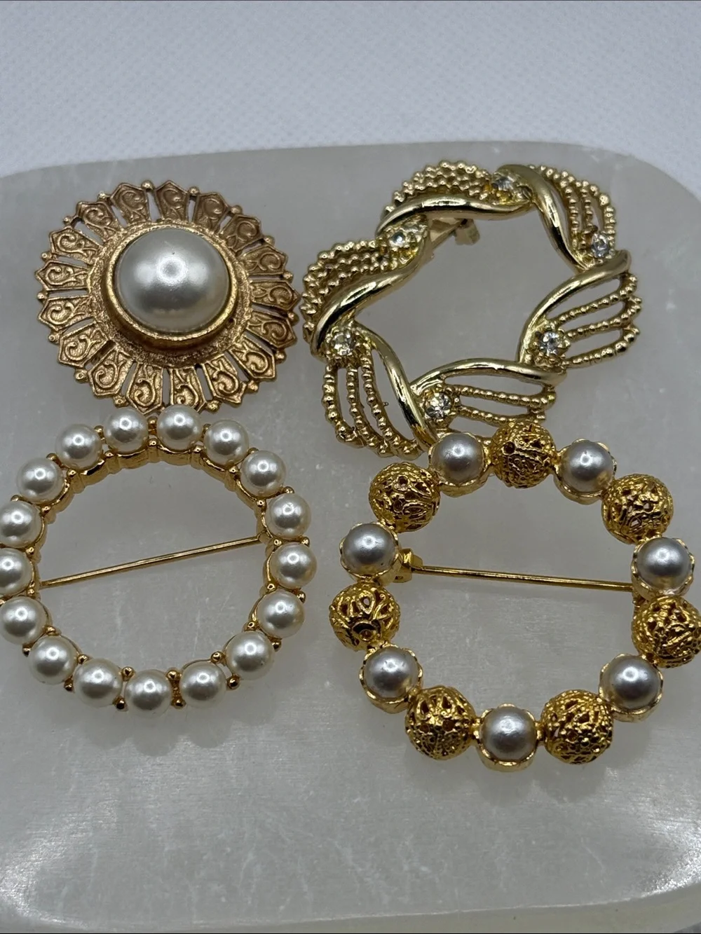 Vintage 4 pc Gold tone faux Pearl Decorative Brooch Set rhinestone pin 1 signed